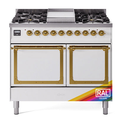 ILVE Nostalgie II 40-Inch Dual Fuel Range with 6 Sealed Burners + Griddle, 4.3 cu. ft. Oven, RAL with Brass Trim, Natural Gas, Solid Door, UND40FQNMPRAG