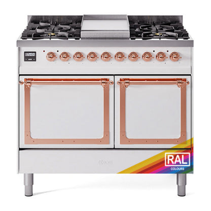 ILVE Nostalgie II 40-Inch Dual Fuel Range with 6 Sealed Burners + Griddle, 4.3 cu. ft. Oven, RAL with Copper Trim, Natural Gas, Solid Door, UND40FQNMPRAP