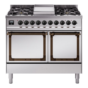 ILVE Nostalgie II 40-Inch Dual Fuel Range with 6 Sealed Burners + Griddle, 4.3 cu. ft. Oven, Stainless Steel with Burnished Trim, Liquid Propane, Solid Door, UND40FQNMPSSBLP