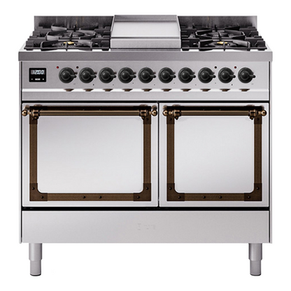 ILVE Nostalgie II 40-Inch Dual Fuel Range with 6 Sealed Burners + Griddle, 4.3 cu. ft. Oven, Stainless Steel with Burnished Trim, Liquid Propane, Solid Door, UND40FQNMPSSBLP