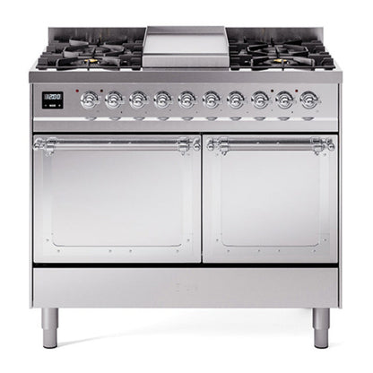 ILVE Nostalgie II 40-Inch Dual Fuel Range with 6 Sealed Burners + Griddle, 4.3 cu. ft. Oven, Stainless Steel with Chrome Trim, Liquid Propane, Solid Door, UND40FQNMPSSCLP