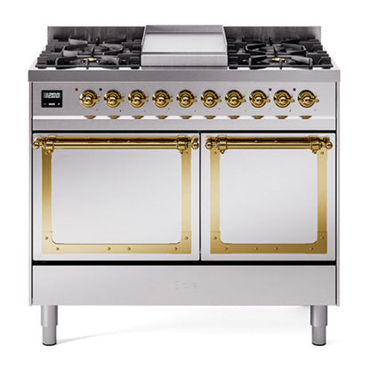 ILVE Nostalgie II 40-Inch Dual Fuel Range with 6 Sealed Burners + Griddle, 4.3 cu. ft. Oven, Stainless Steel with Brass Trim, Liquid Propane, Solid Door, UND40FQNMPSSGLP