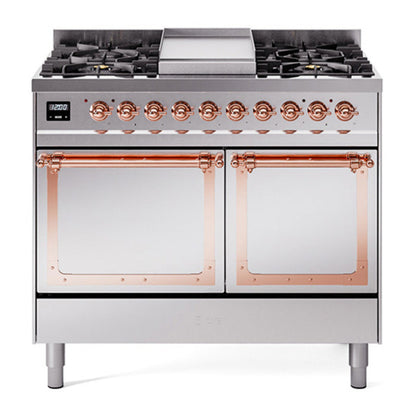 ILVE Nostalgie II 40-Inch Dual Fuel Range with 6 Sealed Burners + Griddle, 4.3 cu. ft. Oven, Stainless Steel with Copper Trim, Natural Gas, Solid Door, UND40FQNMPSSP