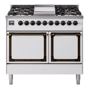 ILVE Nostalgie II 40-Inch Dual Fuel Range with 6 Sealed Burners + Griddle, 4.3 cu. ft. Oven, White with Burnished Trim, Liquid Propane, Solid Door, UND40FQNMPWHBLP