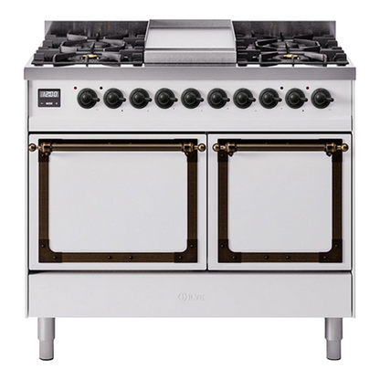 ILVE Nostalgie II 40-Inch Dual Fuel Range with 6 Sealed Burners + Griddle, 4.3 cu. ft. Oven, White with Burnished Trim, Liquid Propane, Solid Door, UND40FQNMPWHBLP