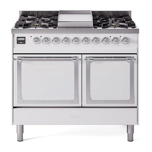 ILVE Nostalgie II 40-Inch Dual Fuel Range with 6 Sealed Burners + Griddle, 4.3 cu. ft. Oven, White with Chrome Trim, Natural Gas, Solid Door, UND40FQNMPWHC