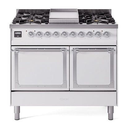 ILVE Nostalgie II 40-Inch Dual Fuel Range with 6 Sealed Burners + Griddle, 4.3 cu. ft. Oven, White with Chrome Trim, Natural Gas, Solid Door, UND40FQNMPWHC