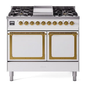 ILVE Nostalgie II 40-Inch Dual Fuel Range with 6 Sealed Burners + Griddle, 4.3 cu. ft. Oven, White with Brass Trim, Liquid Propane, Solid Door, UND40FQNMPWHGLP