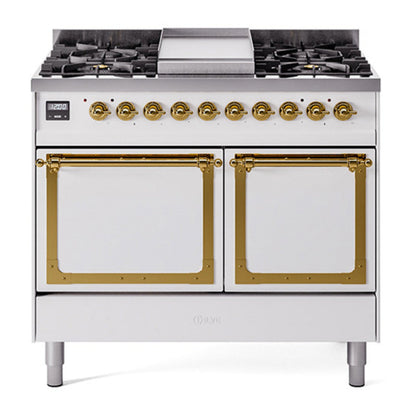 ILVE Nostalgie II 40-Inch Dual Fuel Range with 6 Sealed Burners + Griddle, 4.3 cu. ft. Oven, White with Brass Trim, Liquid Propane, Solid Door, UND40FQNMPWHGLP