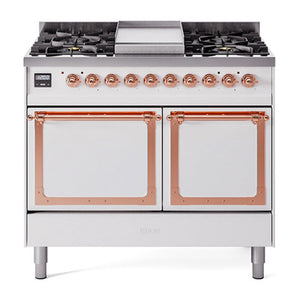 ILVE Nostalgie II 40-Inch Dual Fuel Range with 6 Sealed Burners + Griddle, 4.3 cu. ft. Oven, White with Copper Trim, Liquid Propane, Solid Door, UND40FQNMPWHPLP