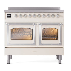 ILVE Nostalgie II 40-Inch Induction Range with 6 Induction Elements, 4.3 cu. ft. Oven, Antique White with Chrome Trim, Triple Glass Door, UNDI406NMPAWC
