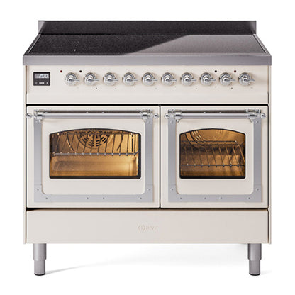 ILVE Nostalgie II 40-Inch Induction Range with 6 Induction Elements, 4.3 cu. ft. Oven, Antique White with Chrome Trim, Triple Glass Door, UNDI406NMPAWC