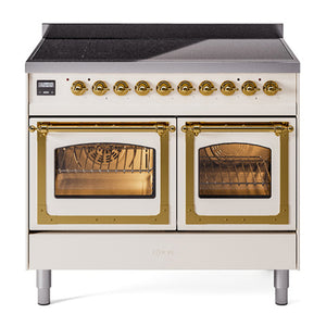 ILVE Nostalgie II 40-Inch Induction Range with 6 Induction Elements, 4.3 cu. ft. Oven, Antique White with Brass Trim, Triple Glass Door, UNDI406NMPAWG