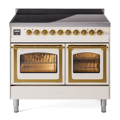 ILVE Nostalgie II 40-Inch Induction Range with 6 Induction Elements, 4.3 cu. ft. Oven, Antique White with Brass Trim, Triple Glass Door, UNDI406NMPAWG