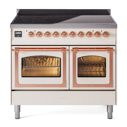 ILVE Nostalgie II 40-Inch Induction Range with 6 Induction Elements, 4.3 cu. ft. Oven, Antique White with Copper Trim, Triple Glass Door, UNDI406NMPAWP