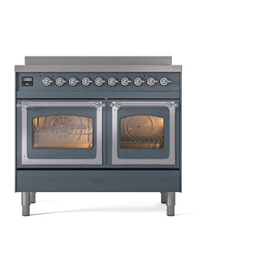 ILVE Nostalgie II 40-Inch Induction Range with 6 Induction Elements, 4.3 cu. ft. Oven, Blue Grey with Chrome Trim, Triple Glass Door, UNDI406NMPBGC