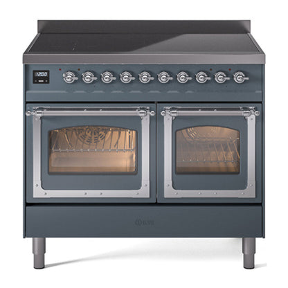 ILVE Nostalgie II 40-Inch Induction Range with 6 Induction Elements, 4.3 cu. ft. Oven, Blue Grey with Chrome Trim, Triple Glass Door, UNDI406NMPBGC