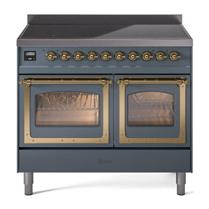ILVE Nostalgie II 40-Inch Induction Range with 6 Induction Elements, 4.3 cu. ft. Oven, Blue Grey with Brass Trim, Triple Glass Door, UNDI406NMPBGG