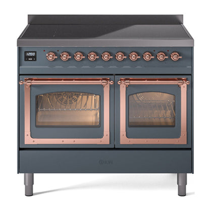 ILVE Nostalgie II 40-Inch Induction Range with 6 Induction Elements, 4.3 cu. ft. Oven, Blue Grey with Copper Trim, Triple Glass Door, UNDI406NMPBGP