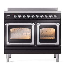 ILVE Nostalgie II 40-Inch Induction Range with 6 Induction Elements, 4.3 cu. ft. Oven, Glossy Black with Chrome Trim, Triple Glass Door, UNDI406NMPBKC
