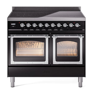 ILVE Nostalgie II 40-Inch Induction Range with 6 Induction Elements, 4.3 cu. ft. Oven, Glossy Black with Chrome Trim, Triple Glass Door, UNDI406NMPBKC