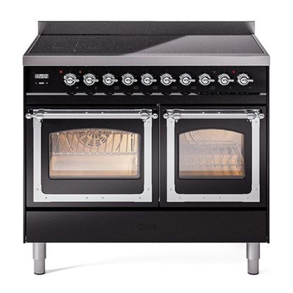 ILVE Nostalgie II 40-Inch Induction Range with 6 Induction Elements, 4.3 cu. ft. Oven, Glossy Black with Chrome Trim, Triple Glass Door, UNDI406NMPBKC
