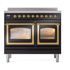ILVE Nostalgie II 40-Inch Induction Range with 6 Induction Elements, 4.3 cu. ft. Oven, Glossy Black with Brass Trim, Triple Glass Door, UNDI406NMPBKG
