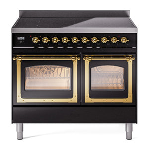 ILVE Nostalgie II 40-Inch Induction Range with 6 Induction Elements, 4.3 cu. ft. Oven, Glossy Black with Brass Trim, Triple Glass Door, UNDI406NMPBKG