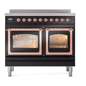 ILVE Nostalgie II 40-Inch Induction Range with 6 Induction Elements, 4.3 cu. ft. Oven, Glossy Black with Copper Trim, Triple Glass Door, UNDI406NMPBKP