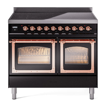 ILVE Nostalgie II 40-Inch Induction Range with 6 Induction Elements, 4.3 cu. ft. Oven, Glossy Black with Copper Trim, Triple Glass Door, UNDI406NMPBKP