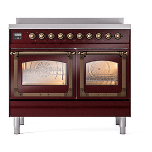 ILVE Nostalgie II 40-Inch Induction Range with 6 Induction Elements, 4.3 cu. ft. Oven, Burgundy with Burnished Trim, Triple Glass Door, UNDI406NMPBUB