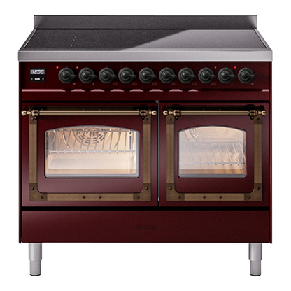 ILVE Nostalgie II 40-Inch Induction Range with 6 Induction Elements, 4.3 cu. ft. Oven, Burgundy with Burnished Trim, Triple Glass Door, UNDI406NMPBUB