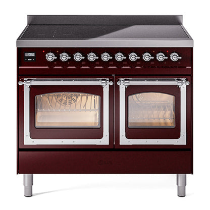 ILVE Nostalgie II 40-Inch Induction Range with 6 Induction Elements, 4.3 cu. ft. Oven, Burgundy with Chrome Trim, Triple Glass Door, UNDI406NMPBUC