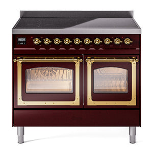 ILVE Nostalgie II 40-Inch Induction Range with 6 Induction Elements, 4.3 cu. ft. Oven, Burgundy with Brass Trim, Triple Glass Door, UNDI406NMPBUG