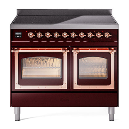 ILVE Nostalgie II 40-Inch Induction Range with 6 Induction Elements, 4.3 cu. ft. Oven, Burgundy with Copper Trim, Triple Glass Door, UNDI406NMPBUP