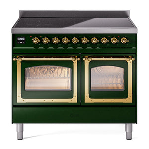 ILVE Nostalgie II 40-Inch Induction Range with 6 Induction Elements, 4.3 cu. ft. Oven, Emerald Green with Brass Trim, Triple Glass Door, UNDI406NMPEGG