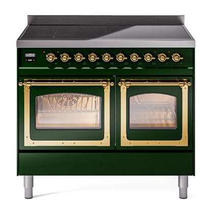 ILVE Nostalgie II 40-Inch Induction Range with 6 Induction Elements, 4.3 cu. ft. Oven, Emerald Green with Brass Trim, Triple Glass Door, UNDI406NMPEGG