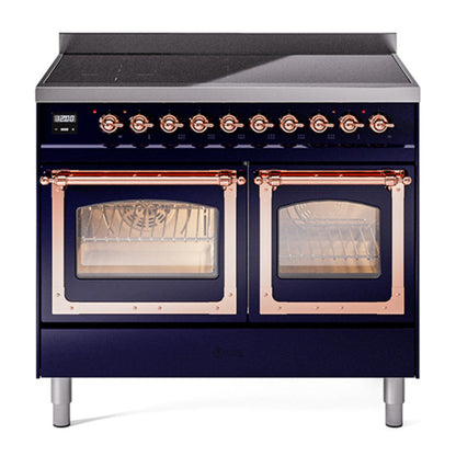 ILVE Nostalgie II 40-Inch Induction Range with 6 Induction Elements, 4.3 cu. ft. Oven, Midnight Blue with Copper Trim, Triple Glass Door, UNDI406NMPMBP
