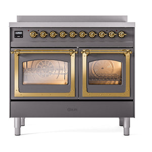 ILVE Nostalgie II 40-Inch Induction Range with 6 Induction Elements, 4.3 cu. ft. Oven, Graphite Matte with Brass Trim, Triple Glass Door, UNDI406NMPMGG