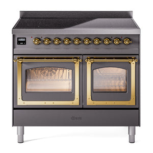 ILVE Nostalgie II 40-Inch Induction Range with 6 Induction Elements, 4.3 cu. ft. Oven, Graphite Matte with Brass Trim, Triple Glass Door, UNDI406NMPMGG
