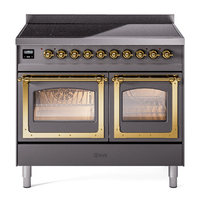 ILVE Nostalgie II 40-Inch Induction Range with 6 Induction Elements, 4.3 cu. ft. Oven, Graphite Matte with Brass Trim, Triple Glass Door, UNDI406NMPMGG