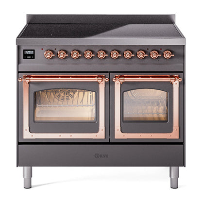 ILVE Nostalgie II 40-Inch Induction Range with 6 Induction Elements, 4.3 cu. ft. Oven, Graphite Matte with Copper Trim, Triple Glass Door, UNDI406NMPMGP