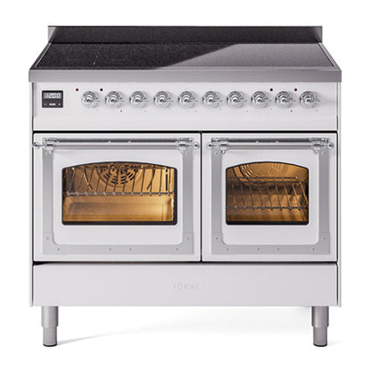 ILVE Nostalgie II 40-Inch Induction Range with 6 Induction Elements, 4.3 cu. ft. Oven, White with Chrome Trim, Triple Glass Door, UNDI406NMPWHC