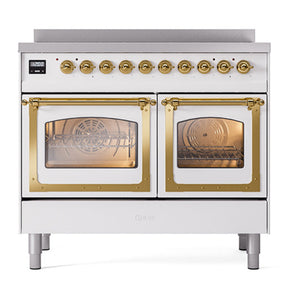 ILVE Nostalgie II 40-Inch Induction Range with 6 Induction Elements, 4.3 cu. ft. Oven, White with Brass Trim, Triple Glass Door, UNDI406NMPWHG
