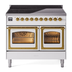 ILVE Nostalgie II 40-Inch Induction Range with 6 Induction Elements, 4.3 cu. ft. Oven, White with Brass Trim, Triple Glass Door, UNDI406NMPWHG