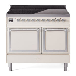 ILVE Nostalgie II 40-Inch Induction Range with 6 Induction Elements, 4.3 cu. ft. Oven, Antique White with Chrome Trim, Solid Door, UNDI406QNMPAWC