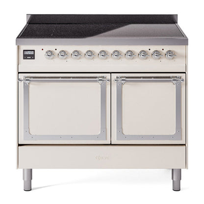 ILVE Nostalgie II 40-Inch Induction Range with 6 Induction Elements, 4.3 cu. ft. Oven, Antique White with Chrome Trim, Solid Door, UNDI406QNMPAWC