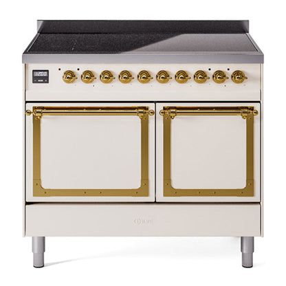 ILVE Nostalgie II 40-Inch Induction Range with 6 Induction Elements, 4.3 cu. ft. Oven, Antique White with Brass Trim, Solid Door, UNDI406QNMPAWG