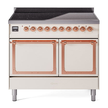 ILVE Nostalgie II 40-Inch Induction Range with 6 Induction Elements, 4.3 cu. ft. Oven, Antique White with Copper Trim, Solid Door, UNDI406QNMPAWP