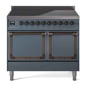 ILVE Nostalgie II 40-Inch Induction Range with 6 Induction Elements, 4.3 cu. ft. Oven, Blue Grey with Burnished Trim, Solid Door, UNDI406QNMPBGB
